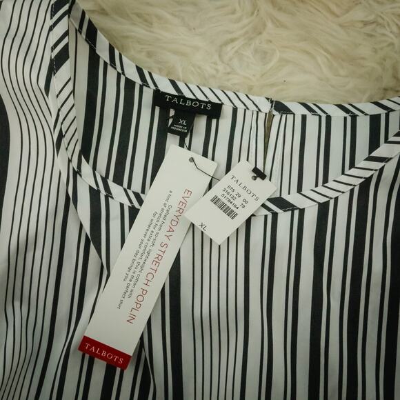 Talbots Size XL White Black Everyday Stretch Poplin Stripe Tie Hem Top Blouse - Picture 4 of 6